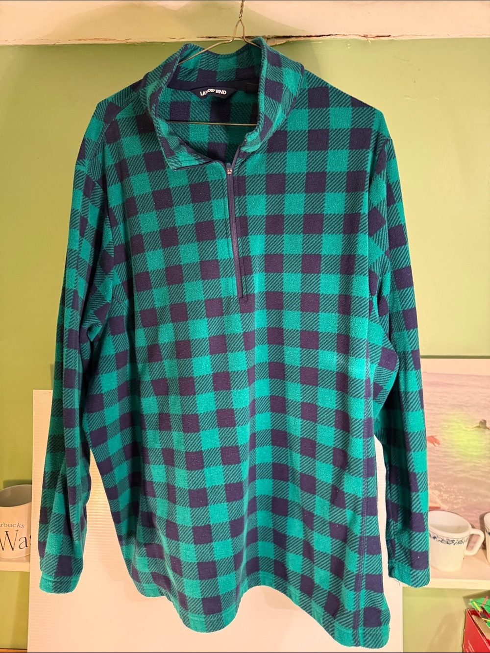 Lands' End Men's Teal and Navy Check Half-Zip Fleece